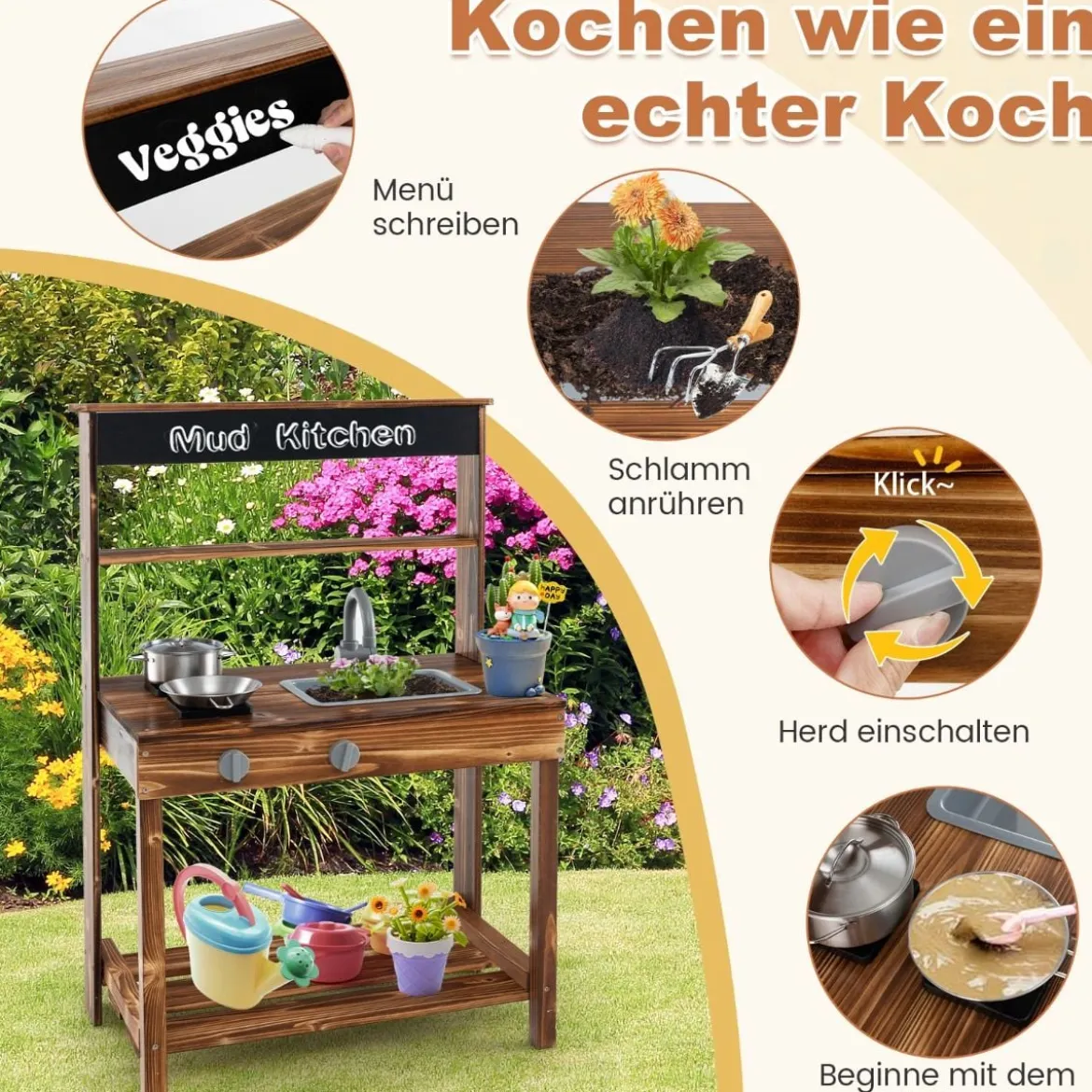 Kinderküchen aus Tannenholz mit Drehbarem Wasserhahn & Abnehmbarem Spülbecken & Kreidetafel