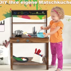 Kinderküchen aus Tannenholz mit Drehbarem Wasserhahn & Abnehmbarem Spülbecken & Kreidetafel