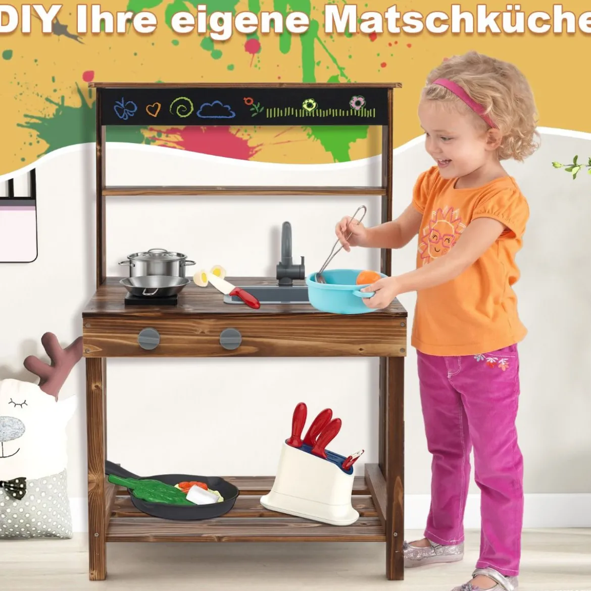 Kinderküchen aus Tannenholz mit Drehbarem Wasserhahn & Abnehmbarem Spülbecken & Kreidetafel