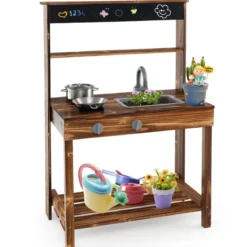 Kinderküchen aus Tannenholz mit Drehbarem Wasserhahn & Abnehmbarem Spülbecken & Kreidetafel