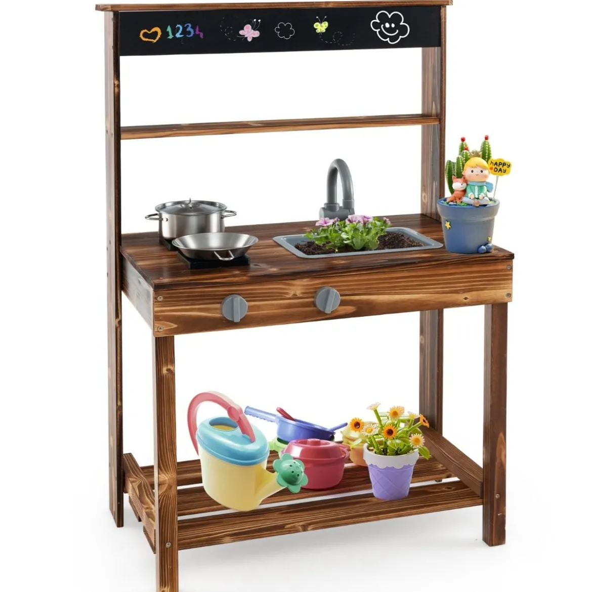 Kinderküchen aus Tannenholz mit Drehbarem Wasserhahn & Abnehmbarem Spülbecken & Kreidetafel