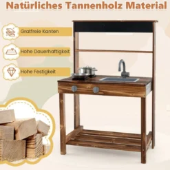 Kinderküchen aus Tannenholz mit Drehbarem Wasserhahn & Abnehmbarem Spülbecken & Kreidetafel
