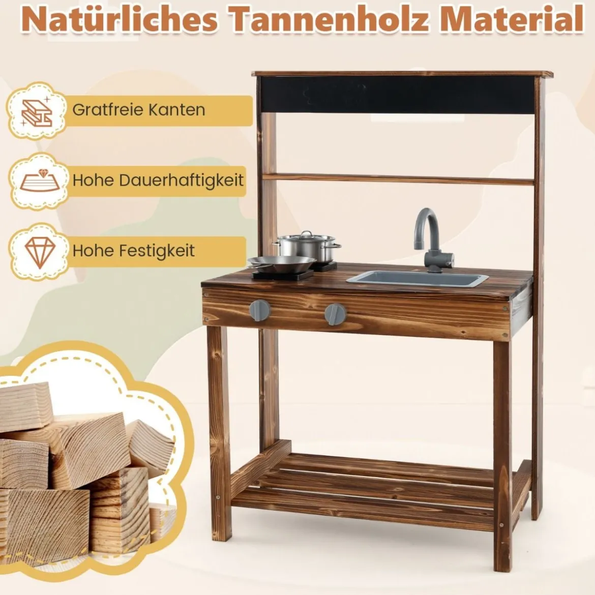 Kinderküchen aus Tannenholz mit Drehbarem Wasserhahn & Abnehmbarem Spülbecken & Kreidetafel