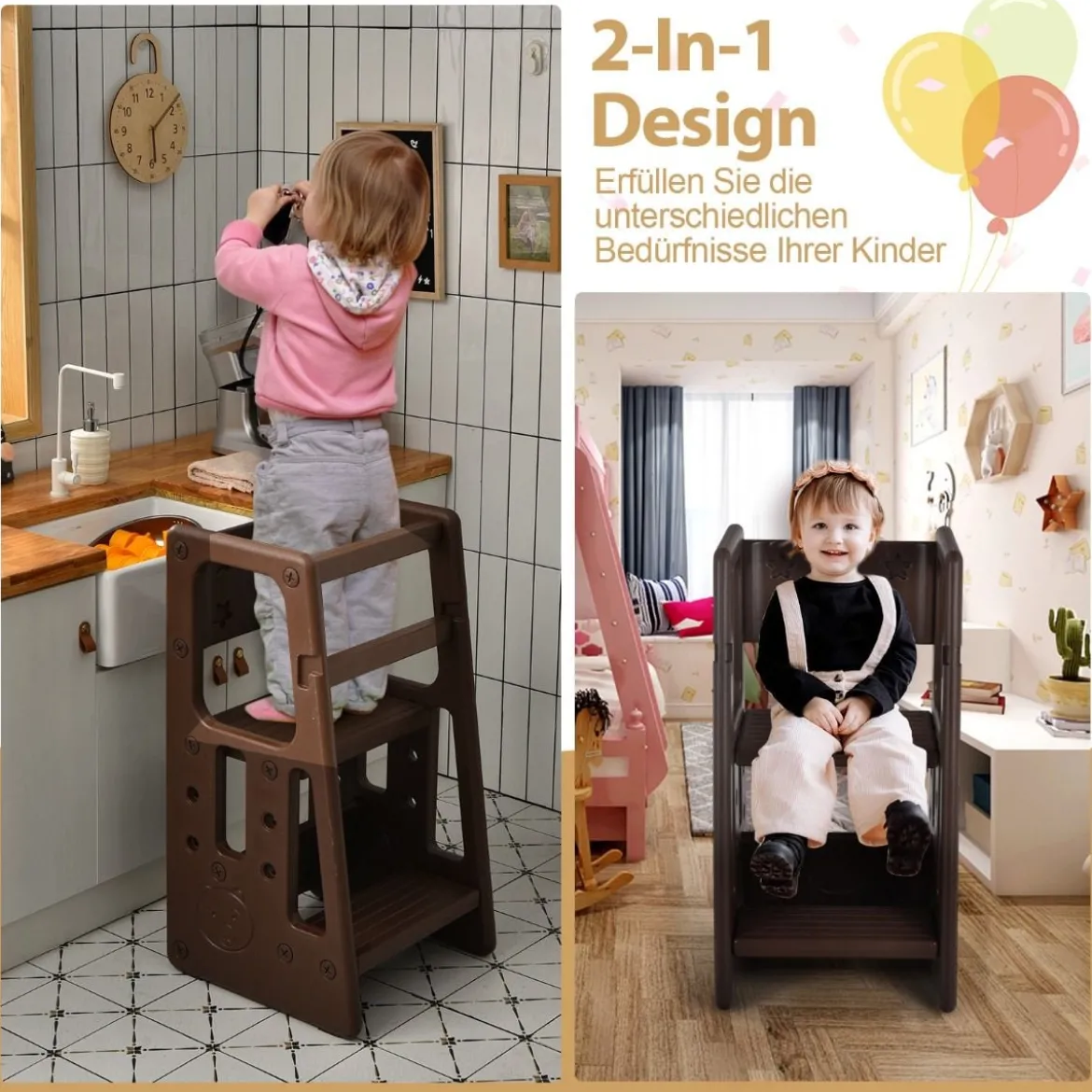 Kinder-Küchenhocker mit Doppelten Sicherheitshandläufen Kleinkindhocker 46,5 x 46,5 x 90 cm Braun