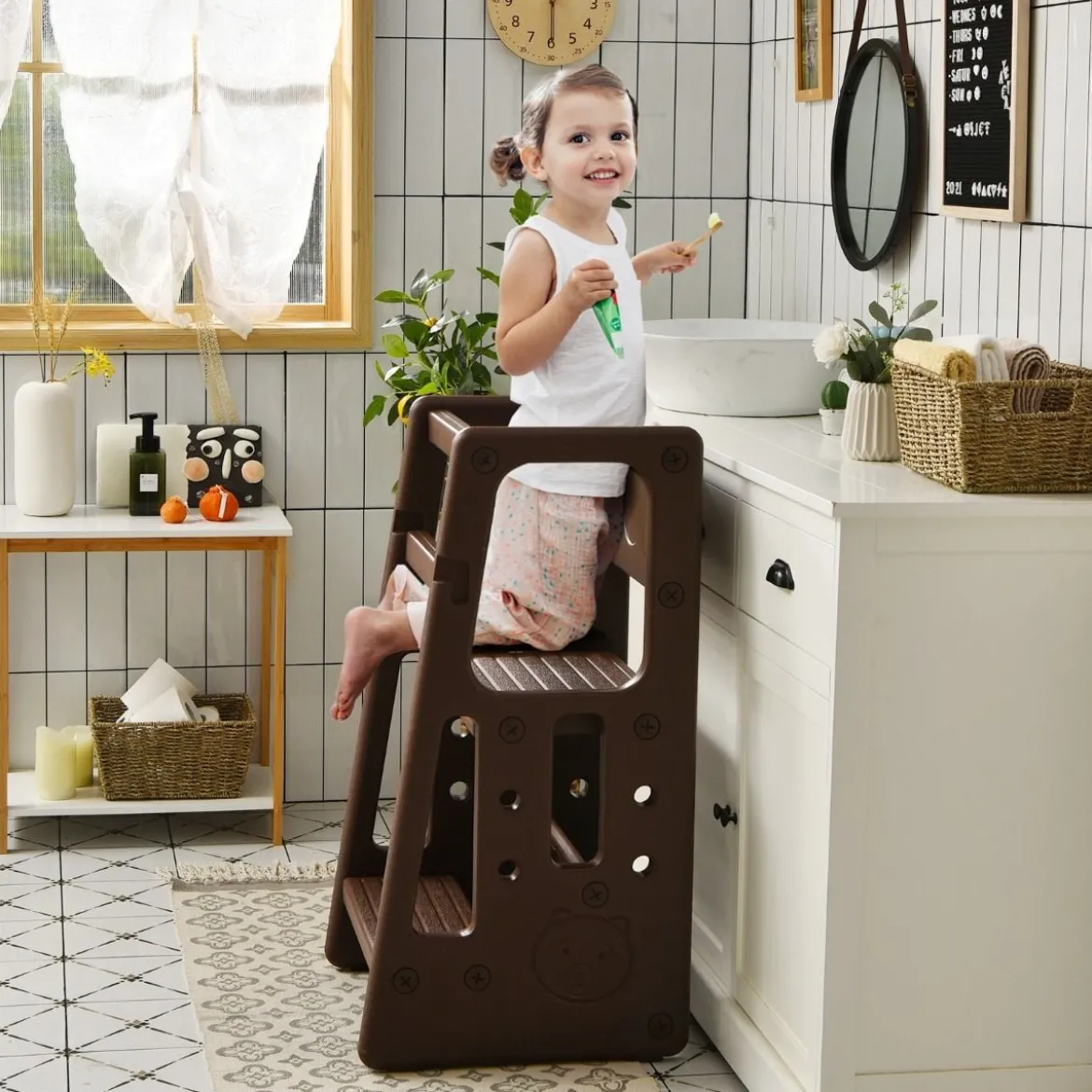 Kinder-Küchenhocker mit Doppelten Sicherheitshandläufen Kleinkindhocker 46,5 x 46,5 x 90 cm Braun