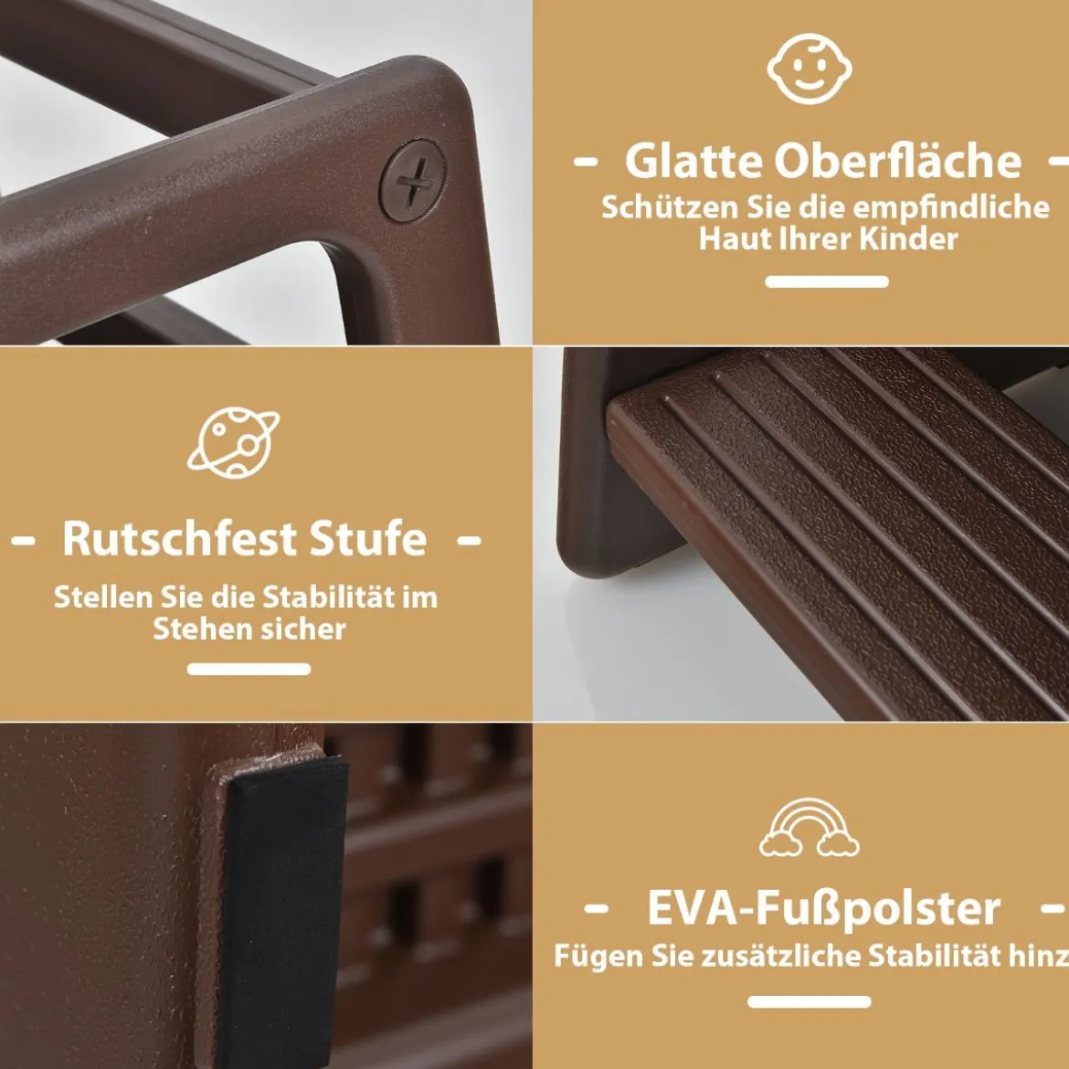Kinder-Küchenhocker mit Doppelten Sicherheitshandläufen Kleinkindhocker 46,5 x 46,5 x 90 cm Braun