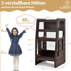 Kinder-Küchenhocker mit Doppelten Sicherheitshandläufen Kleinkindhocker 46,5 x 46,5 x 90 cm Braun