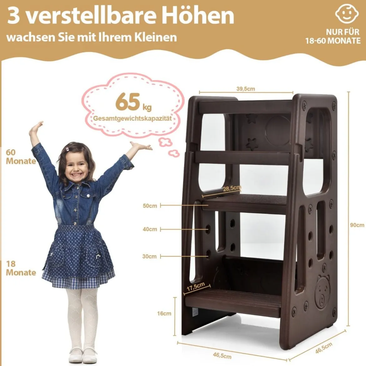 Kinder-Küchenhocker mit Doppelten Sicherheitshandläufen Kleinkindhocker 46,5 x 46,5 x 90 cm Braun