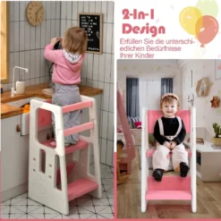 Kinder-Küchenhocker mit Doppelten Sicherheitshandläufen & 3 Verstellbaren Höhen & Rutschfesten Füßen Rosa