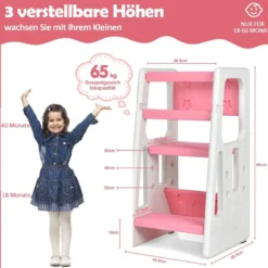 Kinder-Küchenhocker mit Doppelten Sicherheitshandläufen & 3 Verstellbaren Höhen & Rutschfesten Füßen Rosa