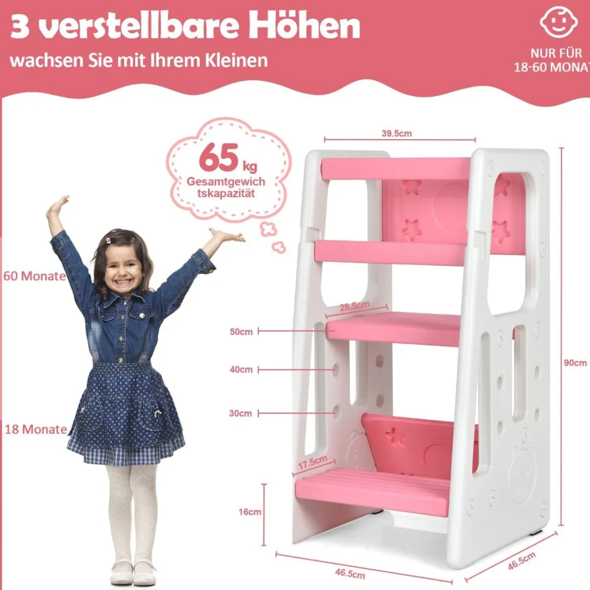 Kinder-Küchenhocker mit Doppelten Sicherheitshandläufen & 3 Verstellbaren Höhen & Rutschfesten Füßen Rosa