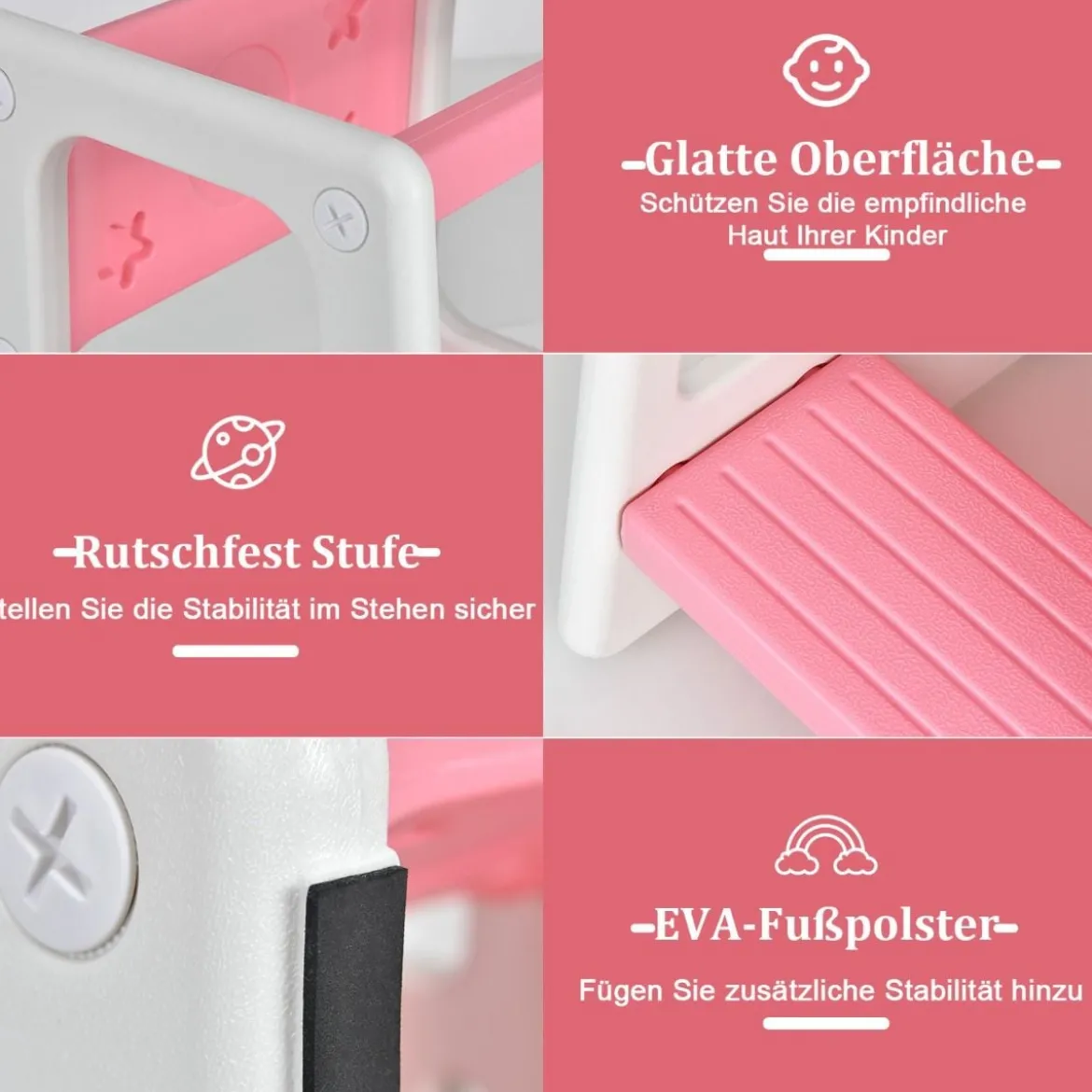 Kinder-Küchenhocker mit Doppelten Sicherheitshandläufen & 3 Verstellbaren Höhen & Rutschfesten Füßen Rosa