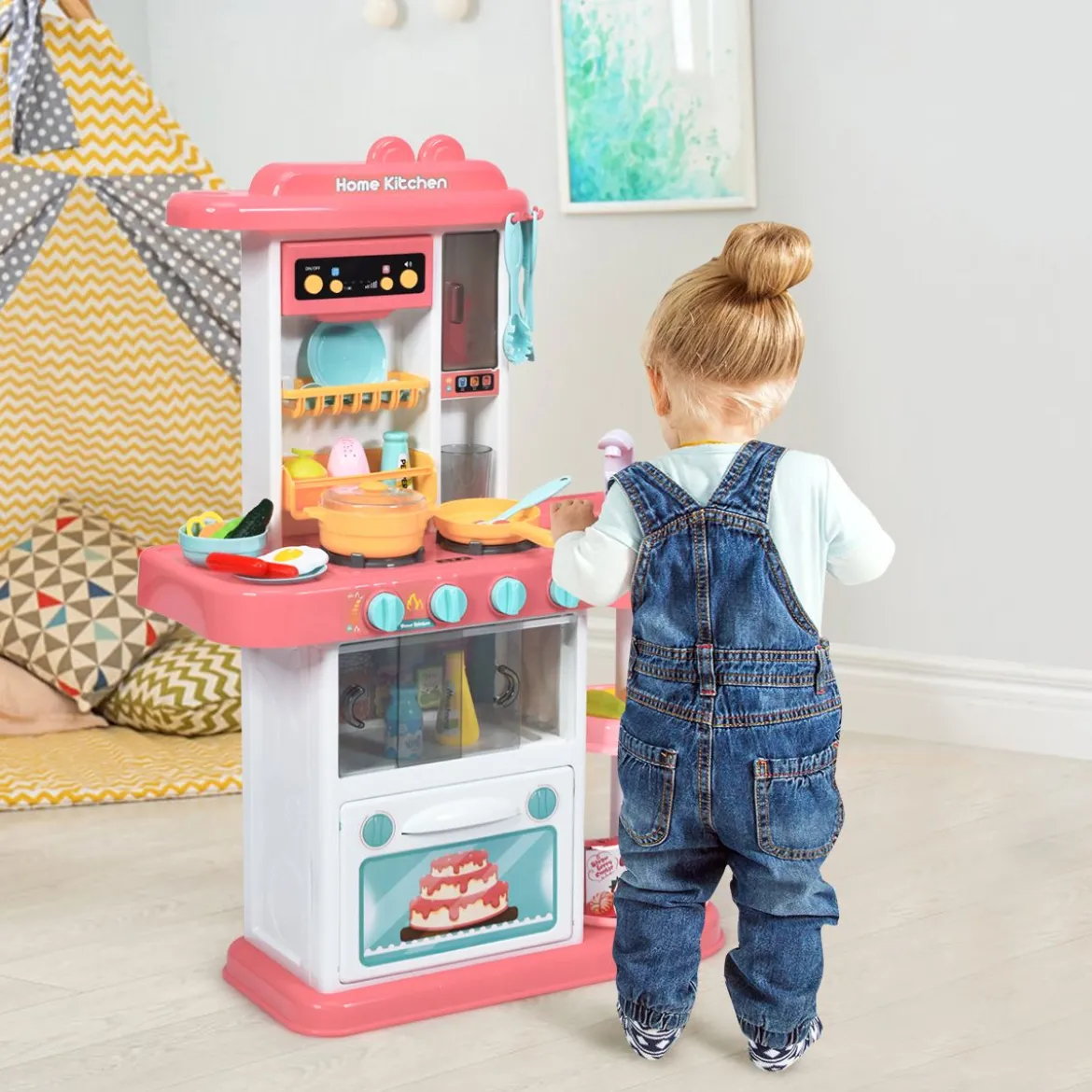 Kinder Küchen Kochset Kinderküche mit Spieluhr und Lichtern Spielzeugküche für Kleinkinder Rosa