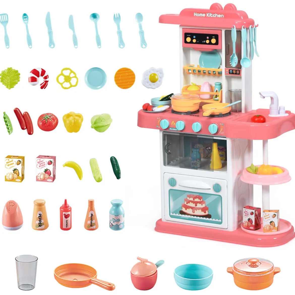 Kinder Küchen Kochset Kinderküche mit Spieluhr und Lichtern Spielzeugküche für Kleinkinder Rosa