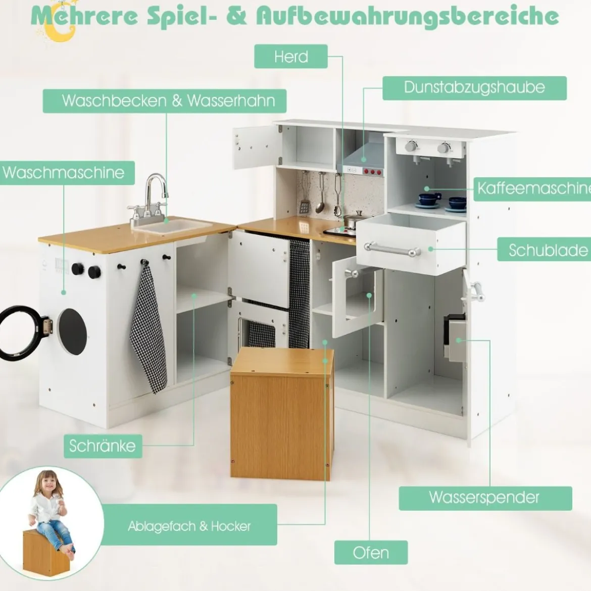 Kinder-Küchenset Spielküche mit Licht Hocker Kaffeemaschine Wasserspender Herd