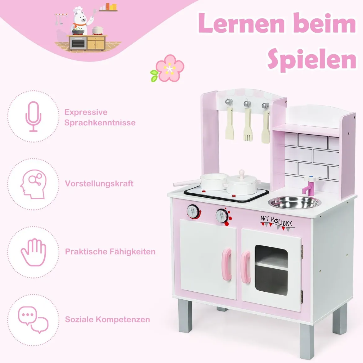 Kinder-Küchen-Spielset Kinderküche Spielzeugküche für Kleinkinder 55 x 30 x 80cm Rosa + Weiß