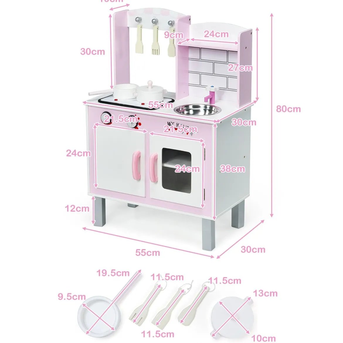 Kinder-Küchen-Spielset Kinderküche Spielzeugküche für Kleinkinder 55 x 30 x 80cm Rosa + Weiß