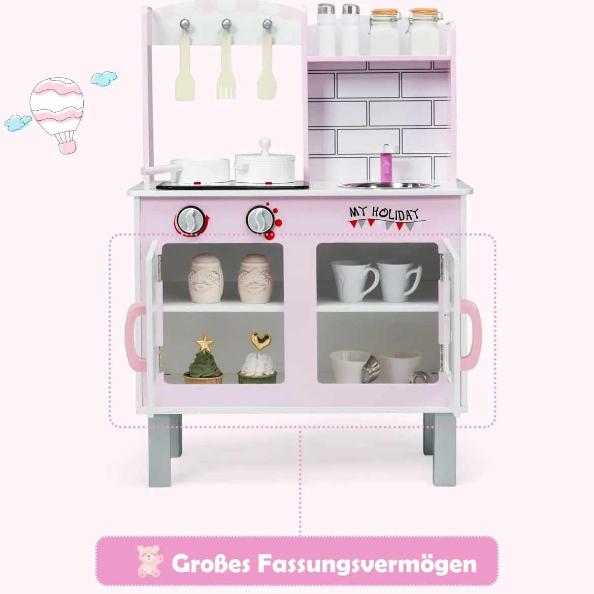 Kinder-Küchen-Spielset Kinderküche Spielzeugküche für Kleinkinder 55 x 30 x 80cm Rosa + Weiß