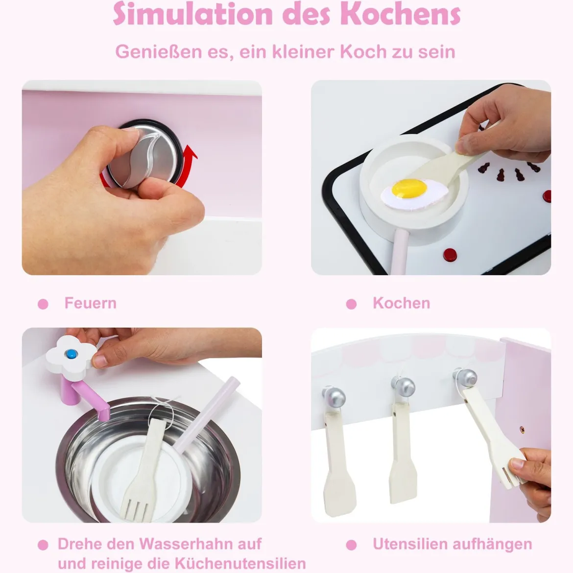 Kinder-Küchen-Spielset Kinderküche Spielzeugküche für Kleinkinder 55 x 30 x 80cm Rosa + Weiß