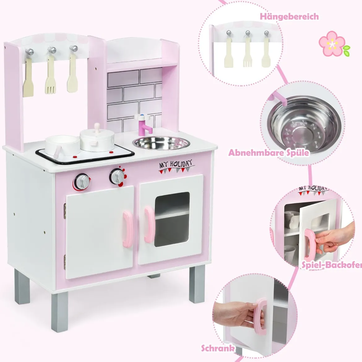 Kinder-Küchen-Spielset Kinderküche Spielzeugküche für Kleinkinder 55 x 30 x 80cm Rosa + Weiß