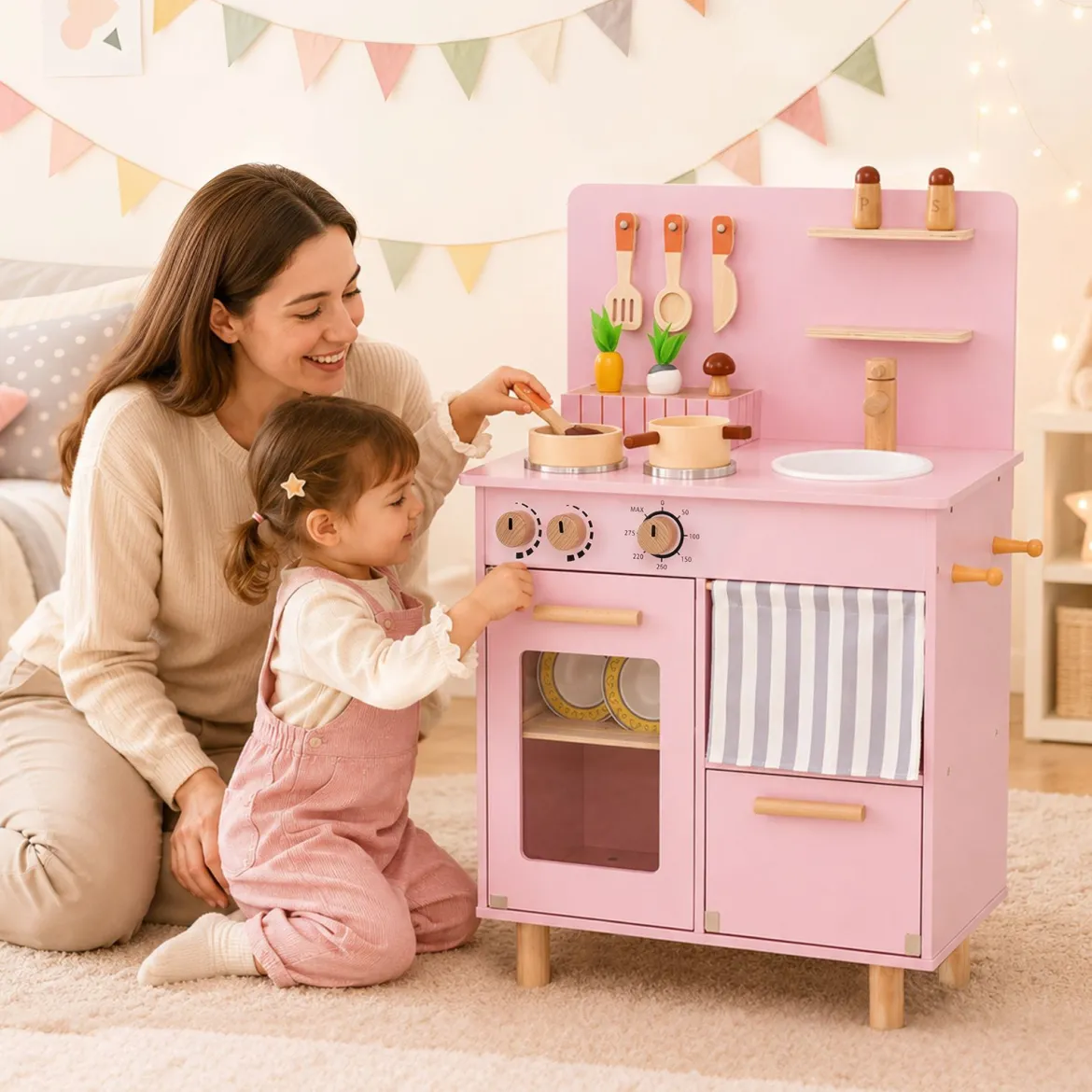 Kinderküche Puppenküche mit Herd Spüle & Geschirrspüler für Kinder ab 3 Jahren Rosa