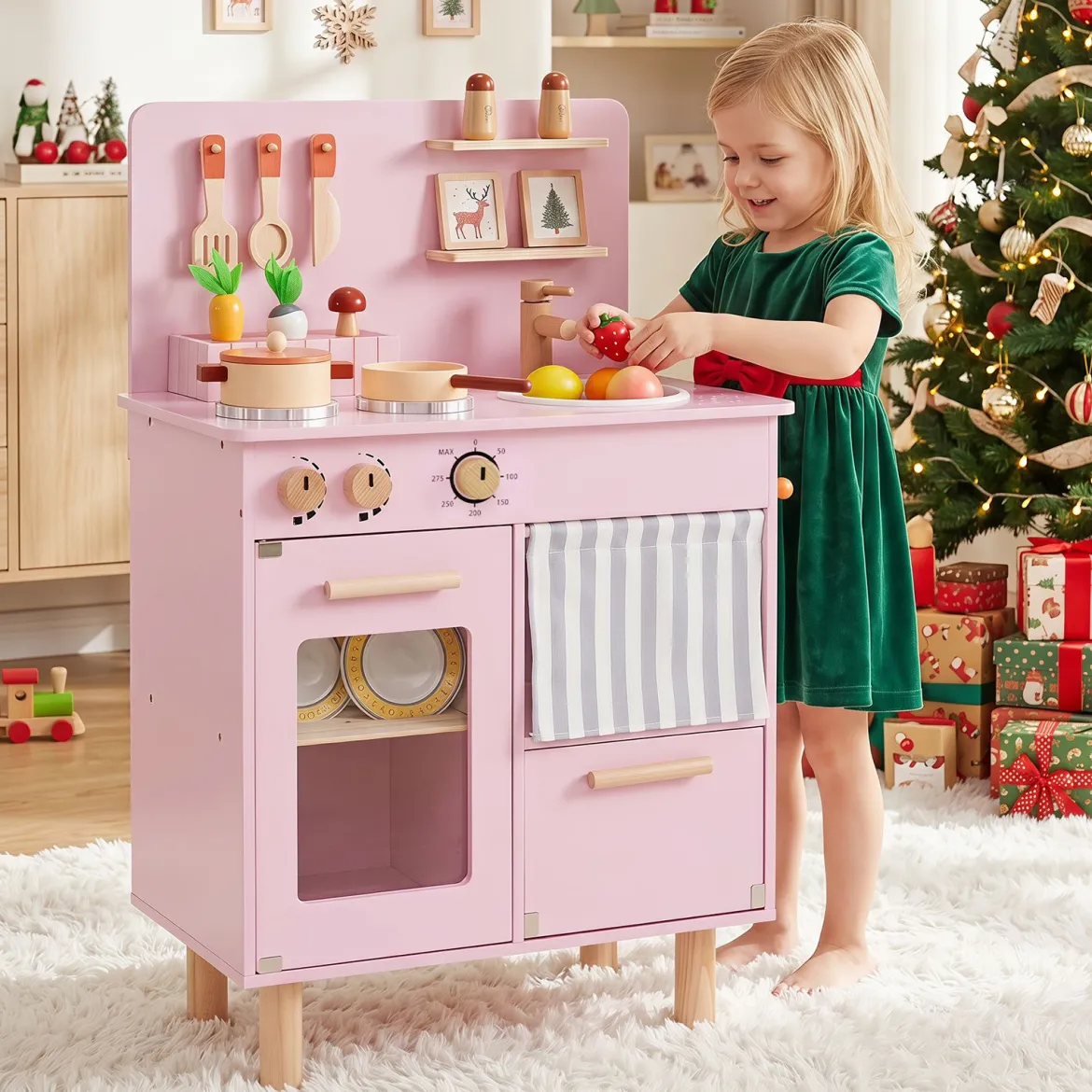 Kinderküche Puppenküche mit Herd Spüle & Geschirrspüler für Kinder ab 3 Jahren Rosa