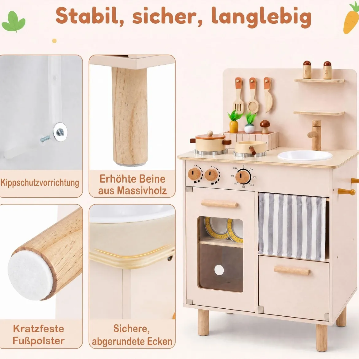 Kinderküche Puppenküche mit Herd Spüle & Geschirrspüler 50,5 x 30,5 x 80,5 cm für Kinder ab 3 Jahren