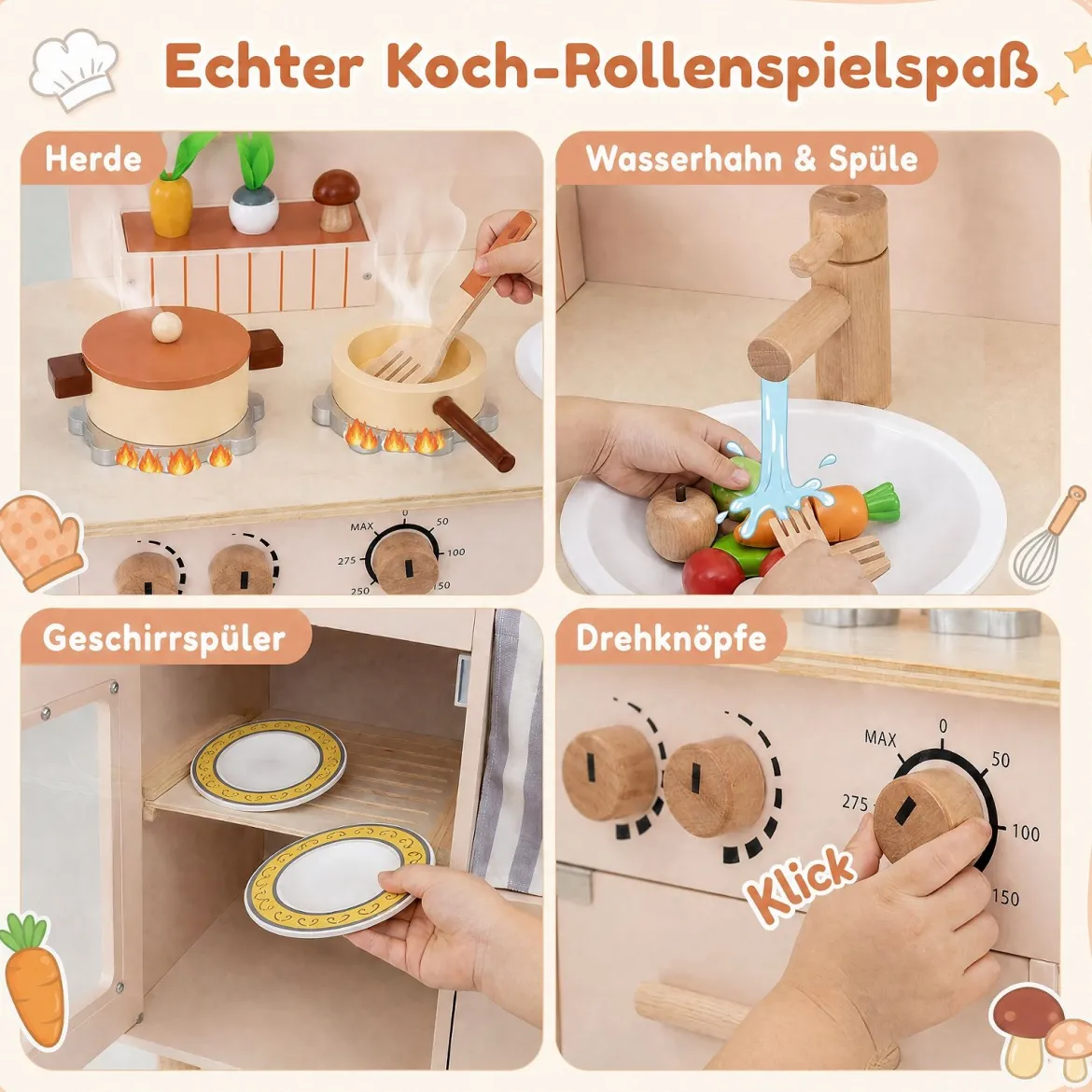 Kinderküche Puppenküche mit Herd Spüle & Geschirrspüler 50,5 x 30,5 x 80,5 cm für Kinder ab 3 Jahren