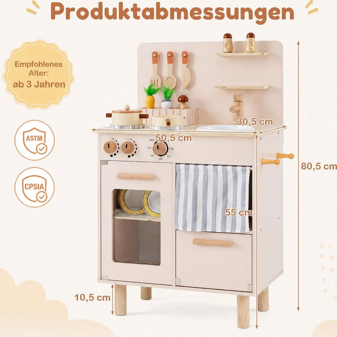 Kinderküche Puppenküche mit Herd Spüle & Geschirrspüler 50,5 x 30,5 x 80,5 cm für Kinder ab 3 Jahren