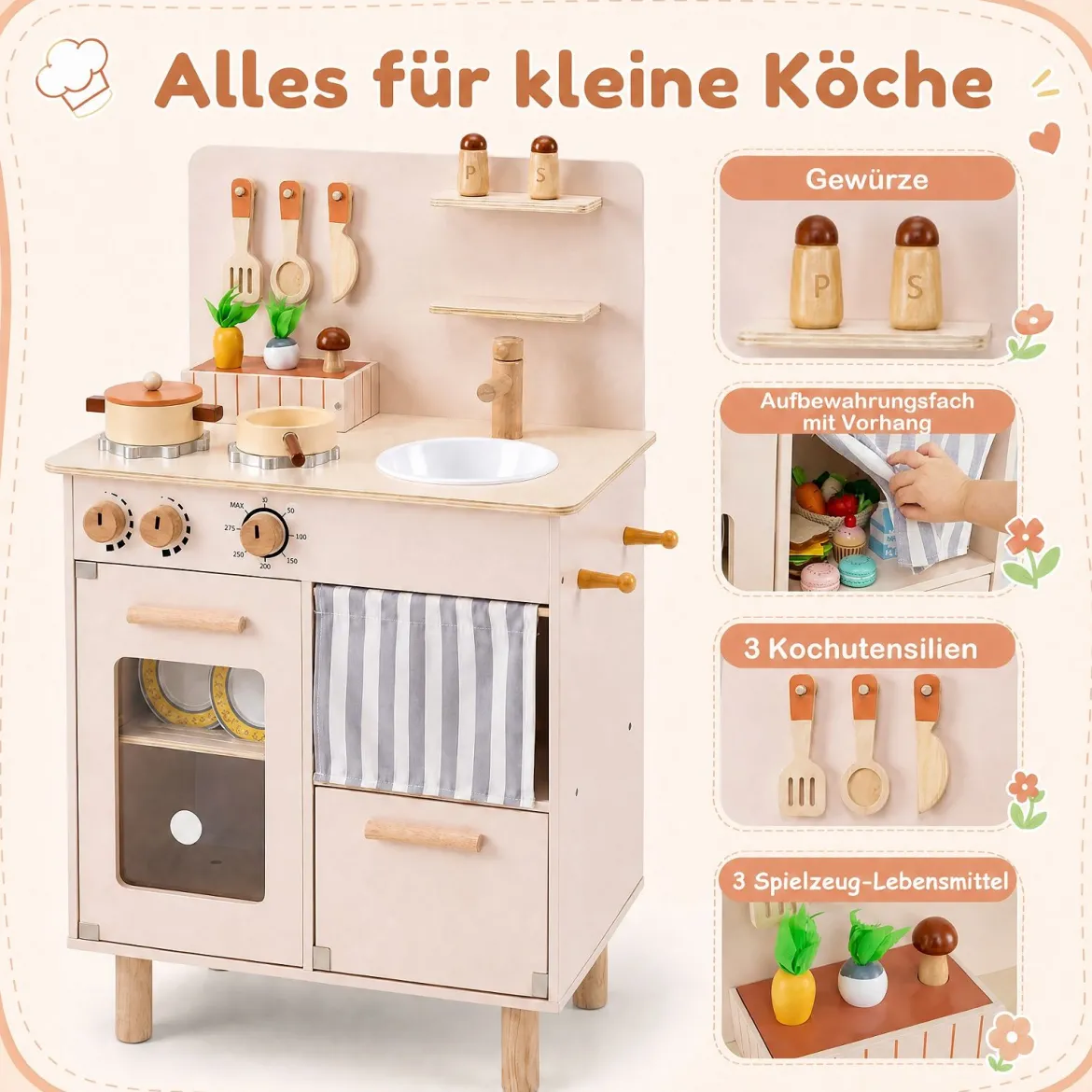 Kinderküche Puppenküche mit Herd Spüle & Geschirrspüler 50,5 x 30,5 x 80,5 cm für Kinder ab 3 Jahren