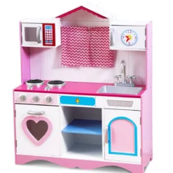 Kinderküche Spielküche aus Holz mit Abnehmbare Spüle Mikrowelle Backofen Kinder Küche Rosa