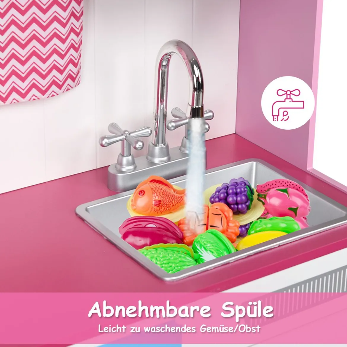 Kinderküche Spielküche aus Holz mit Abnehmbare Spüle Mikrowelle Backofen Kinder Küche Rosa