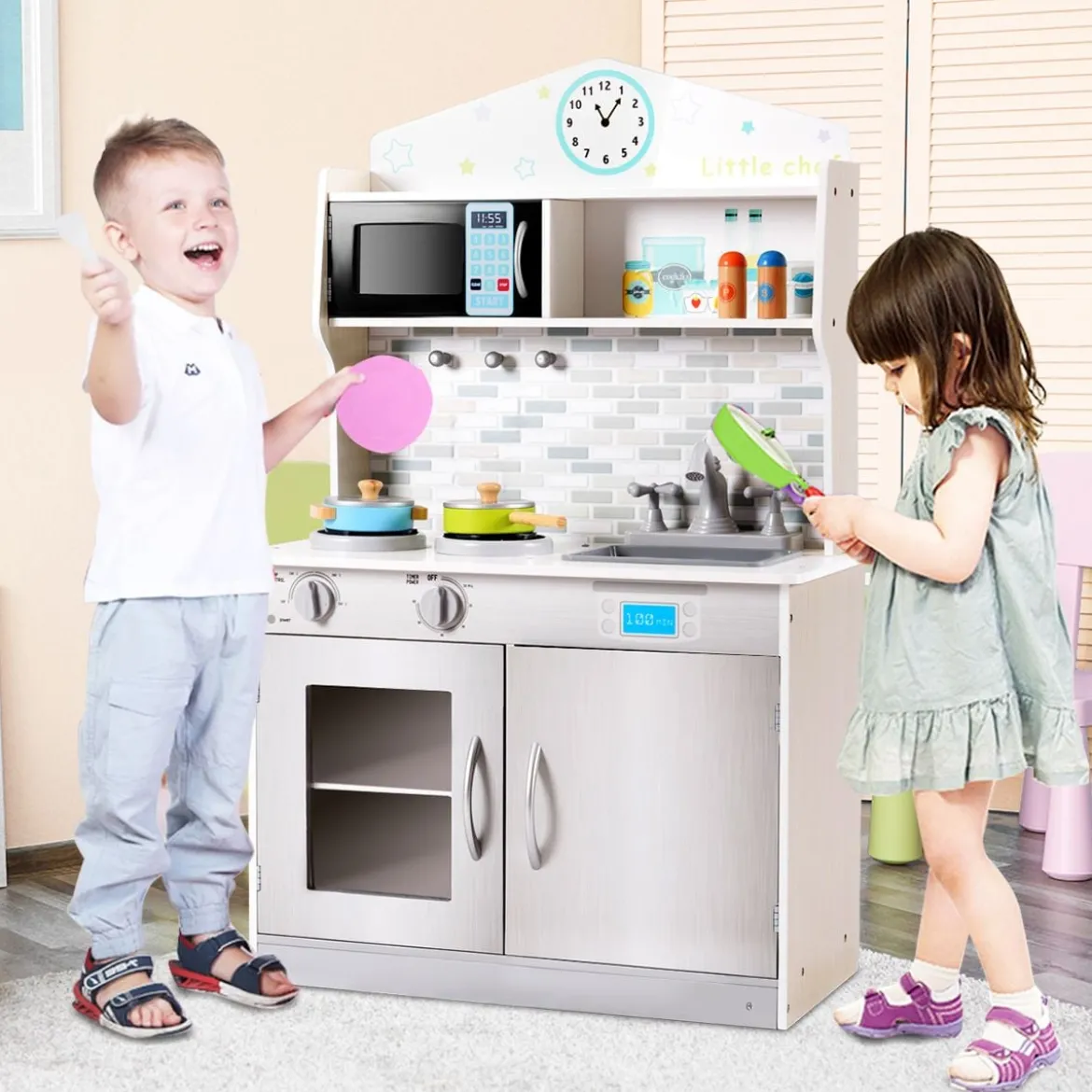 Kinderküche Spielküche Kinderspielküche Grau 57 x 28 x 95,5 cm Holz