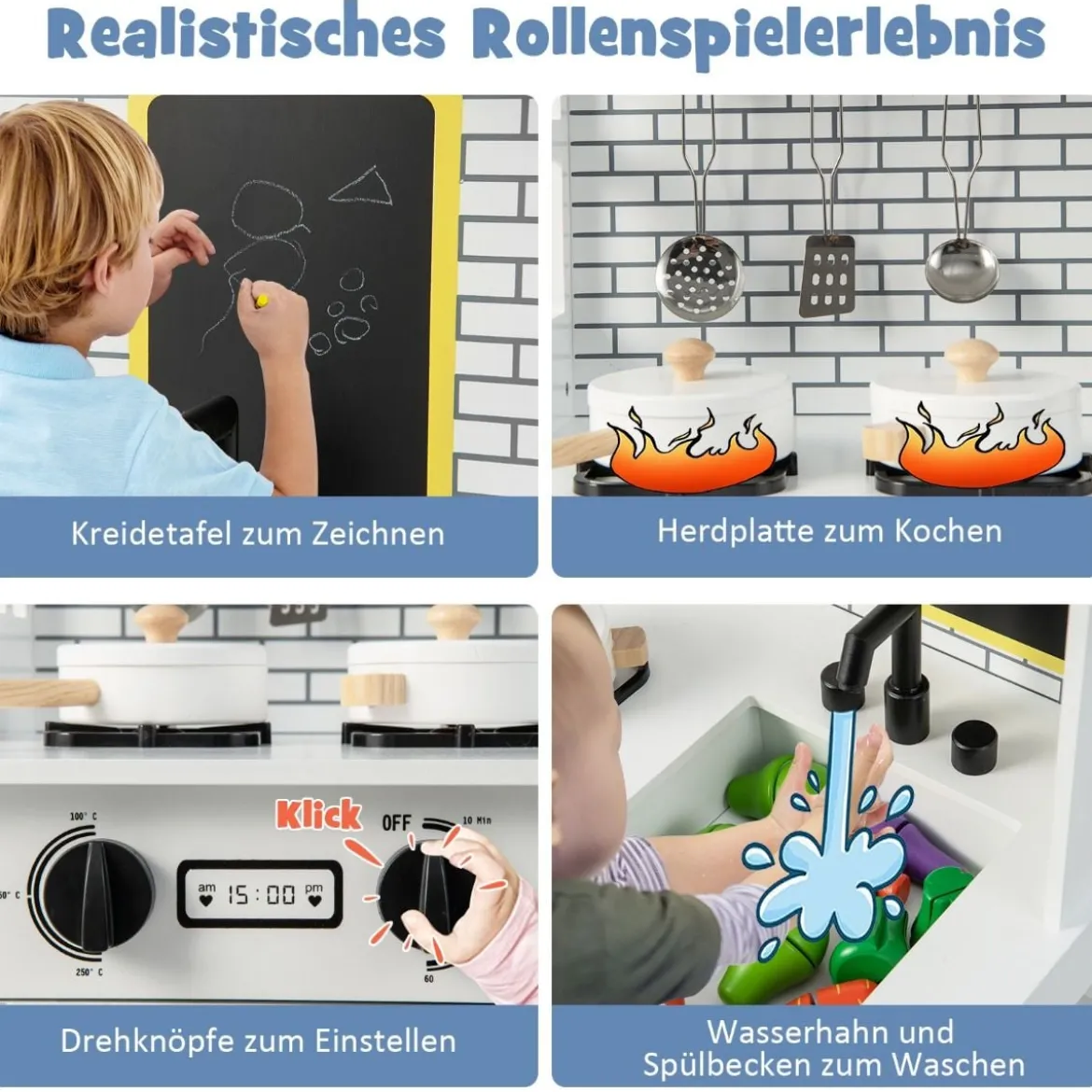 Kinderküche Spielküchenset aus Holz mit zusätzlicher Tafel 62 x 33 x 90 cm Weiß