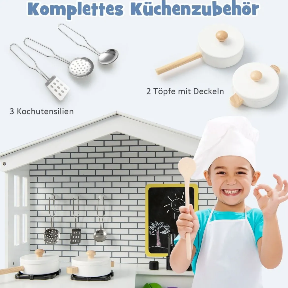 Kinderküche Spielküchenset aus Holz mit zusätzlicher Tafel 62 x 33 x 90 cm Weiß