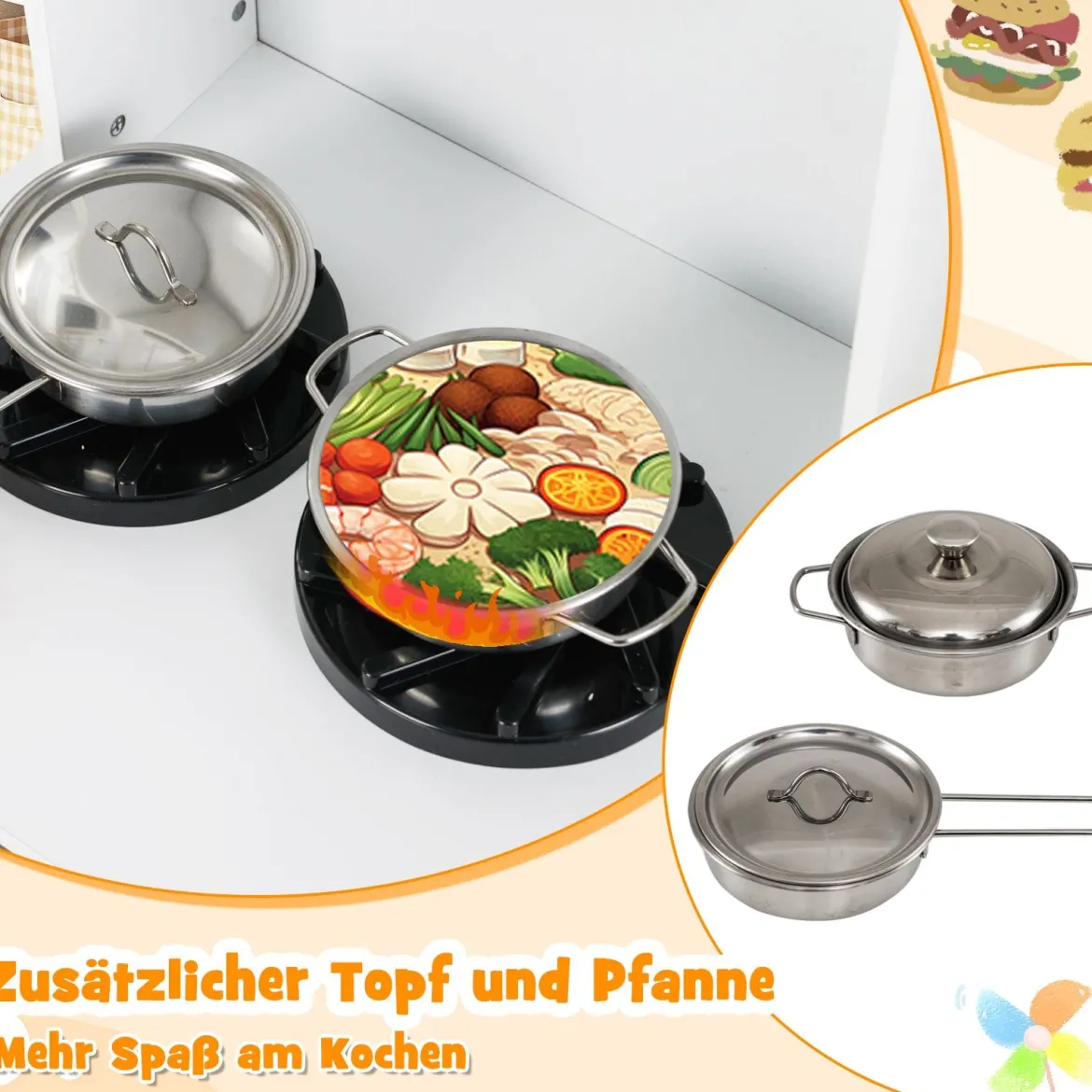 Kinderküche Spielset Holzspielküche mit Herd Sound & Licht Kaffeemaschine Wasserhahn & Kochgeschirr Weiß/Natur