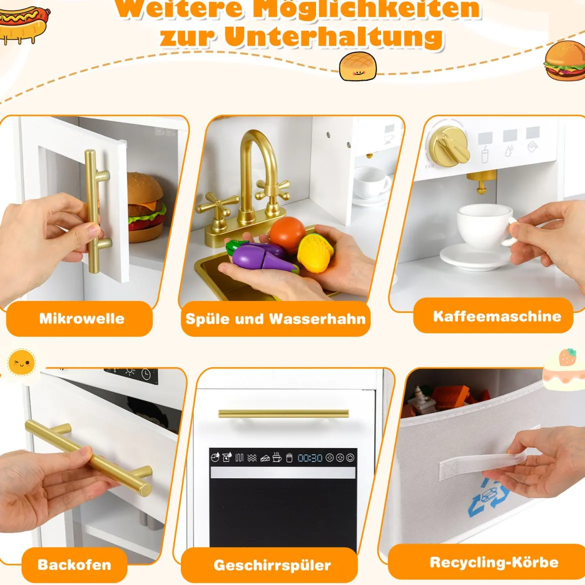 Kinderküche Spielset Holzspielküche mit Herd Sound & Licht Kaffeemaschine Wasserhahn & Kochgeschirr Weiß/Natur