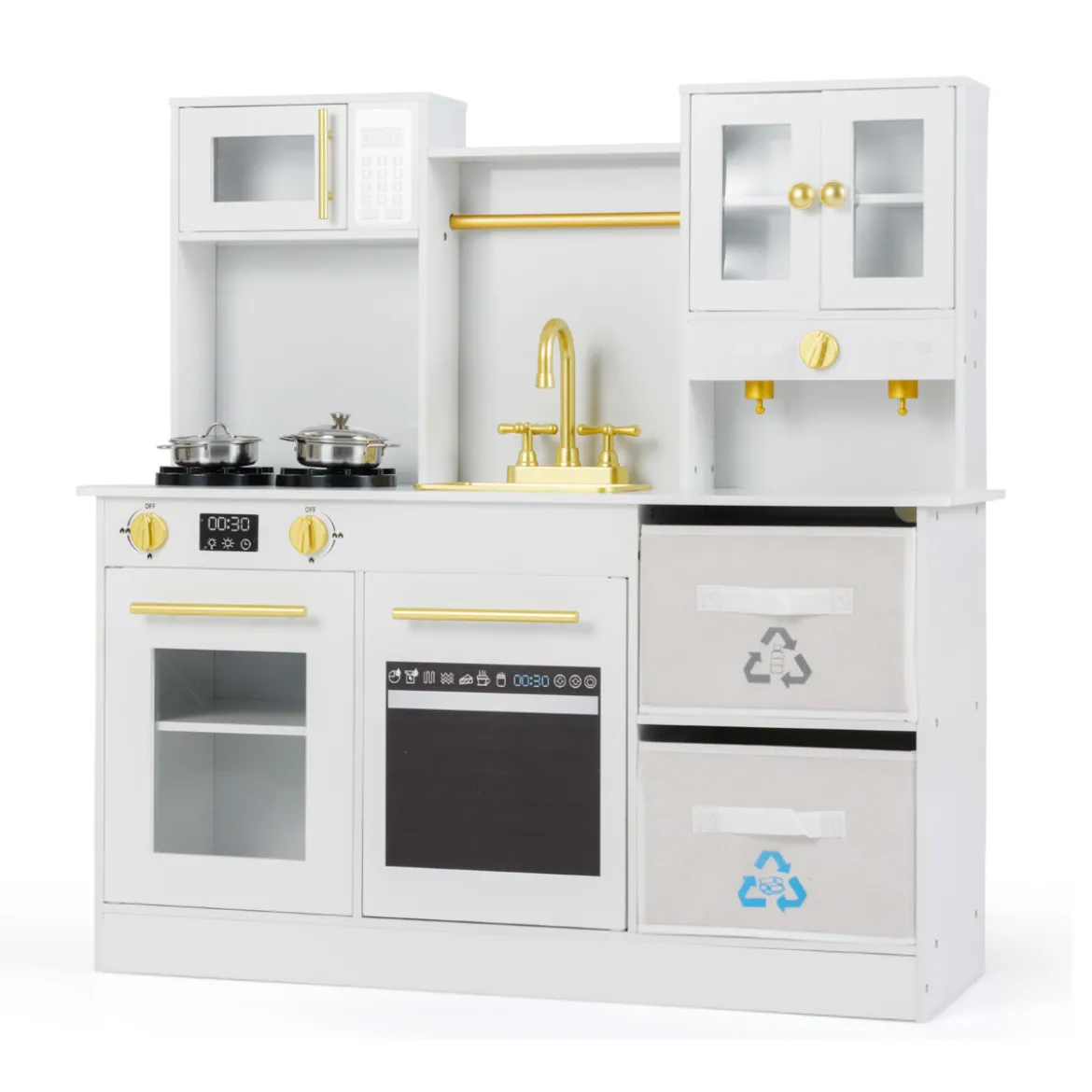 Kinderküche Spielset Holzspielküche mit Herd Sound & Licht Kaffeemaschine Wasserhahn & Kochgeschirr Weiß/Natur
