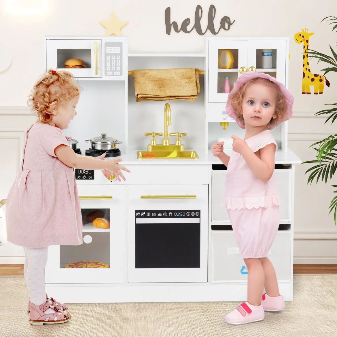 Kinderküche Spielset Holzspielküche mit Herd Sound & Licht Kaffeemaschine Wasserhahn & Kochgeschirr Weiß/Natur