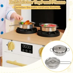 Kinderküche Spielset Holzspielküche mit Herd Sound & Licht Kaffeemaschine Wasserhahn & Kochgeschirr Weiß/Natur