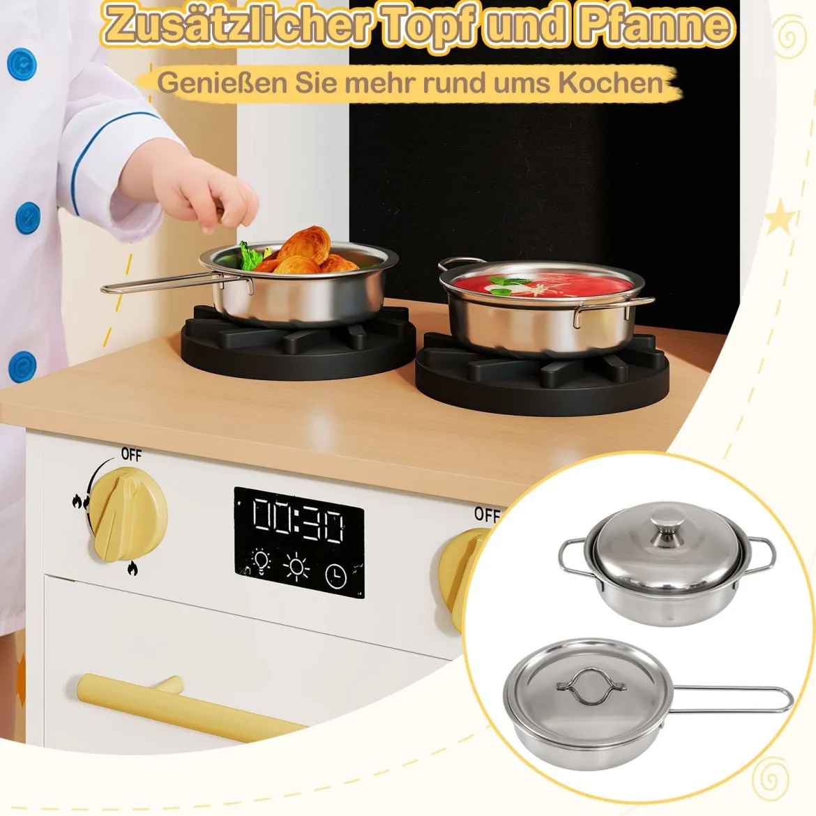 Kinderküche Spielset Holzspielküche mit Herd Sound & Licht Kaffeemaschine Wasserhahn & Kochgeschirr Weiß/Natur