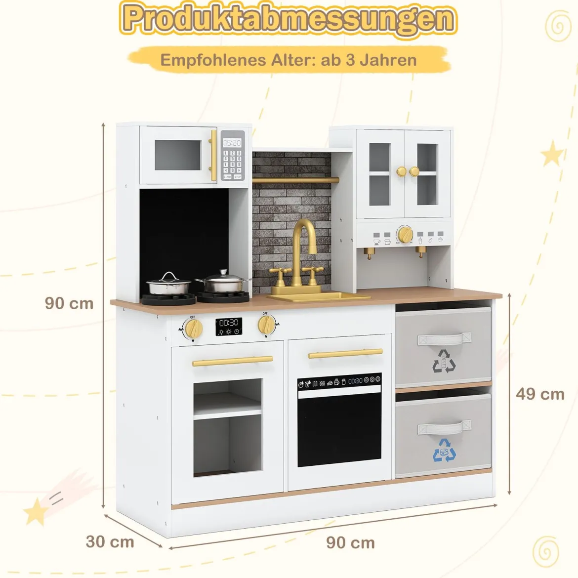 Kinderküche Spielset Holzspielküche mit Herd Sound & Licht Kaffeemaschine Wasserhahn & Kochgeschirr Weiß/Natur
