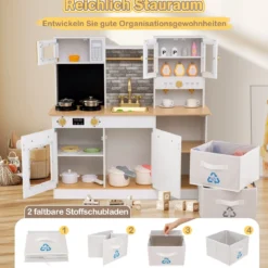 Kinderküche Spielset Holzspielküche mit Herd Sound & Licht Kaffeemaschine Wasserhahn & Kochgeschirr Weiß/Natur
