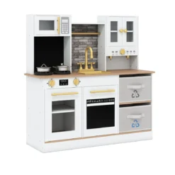 Kinderküche Spielset Holzspielküche mit Herd Sound & Licht Kaffeemaschine Wasserhahn & Kochgeschirr Weiß/Natur