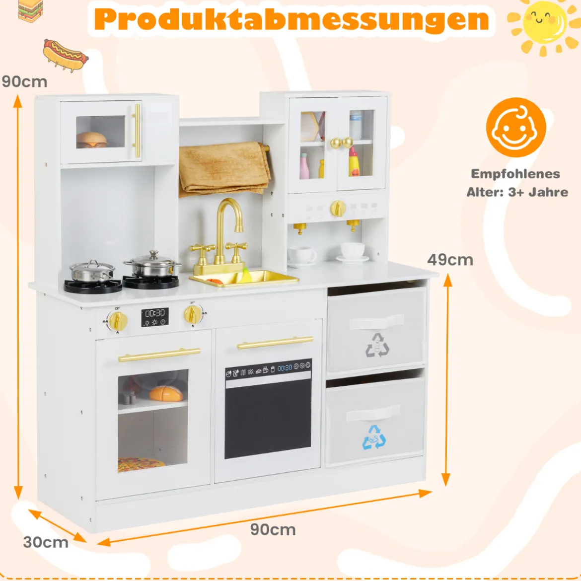 Kinderküche Spielset Holzspielküche mit Herd Sound & Licht Kaffeemaschine Wasserhahn & Kochgeschirr Weiß/Natur