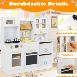Kinderküche Spielset Holzspielküche mit Herd Sound & Licht Kaffeemaschine Wasserhahn & Kochgeschirr Weiß/Natur