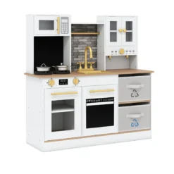 Kinderküche Spielset Holzspielküche mit Herd Sound & Licht Kaffeemaschine Wasserhahn & Kochgeschirr Weiß/Natur