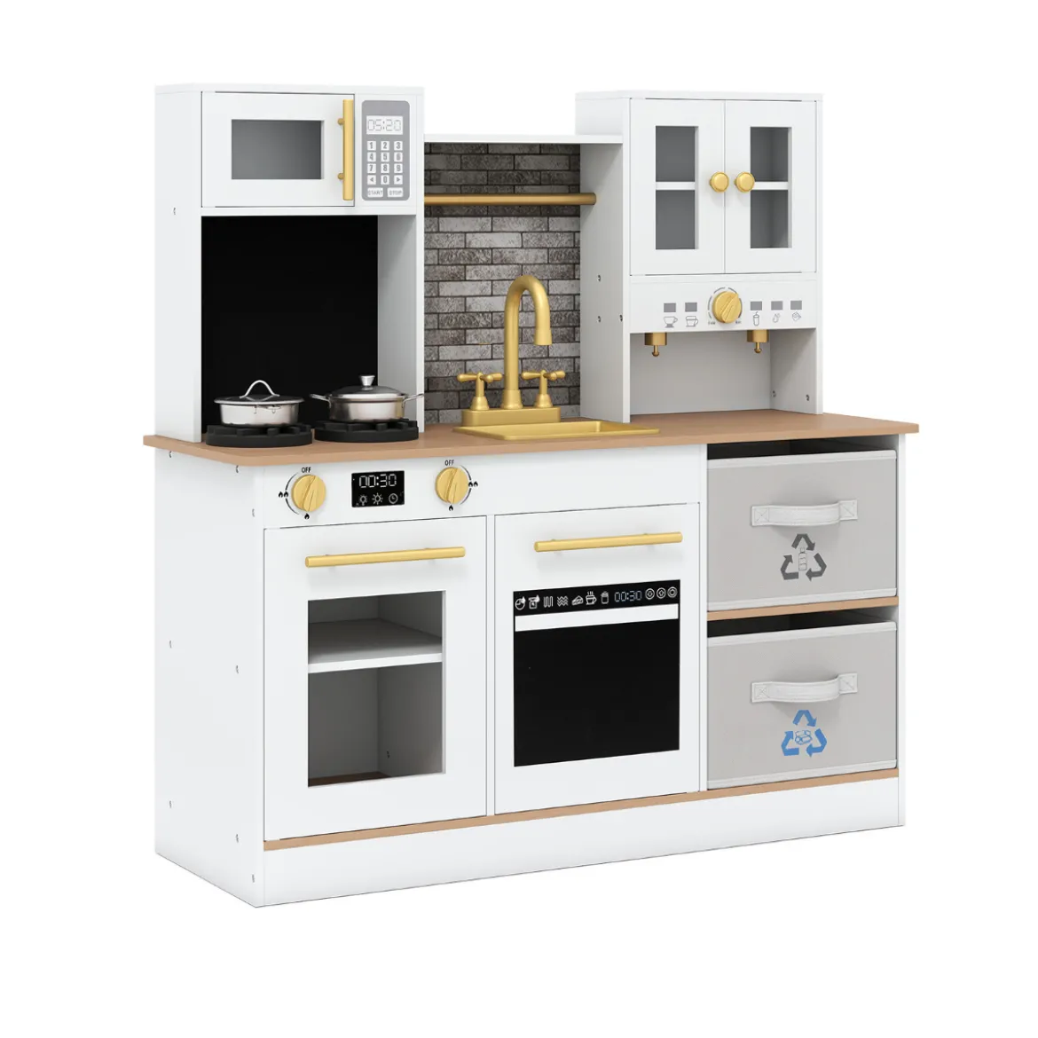 Kinderküche Spielset Holzspielküche mit Herd Sound & Licht Kaffeemaschine Wasserhahn & Kochgeschirr Weiß/Natur