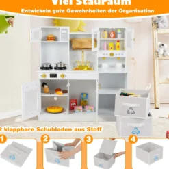 Kinderküche Spielset Holzspielküche mit Herd Sound & Licht Kaffeemaschine Wasserhahn & Kochgeschirr Weiß/Natur