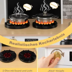 Kinderküche Spielset Holzspielküche mit Herd Sound & Licht Kaffeemaschine Wasserhahn & Kochgeschirr Weiß/Natur